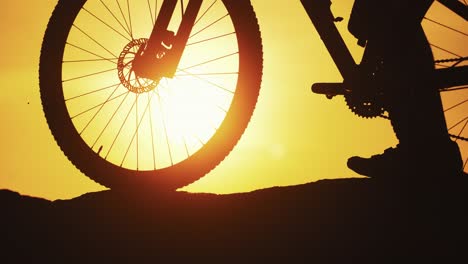 amazing sunset and a big wheel of a bike in the evening. silhouette of a bicycle on the background of golden sunset outdoors. natural evening landscape and a bike. close-up.