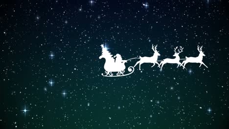 Animation-of-santa-claus-in-sleigh-with-reindeer-over-snow-falling-and-stars