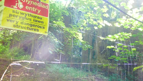 Exploring-fenced-abandoned-eerie-mining-ruins-in-dense-overgrown-forest