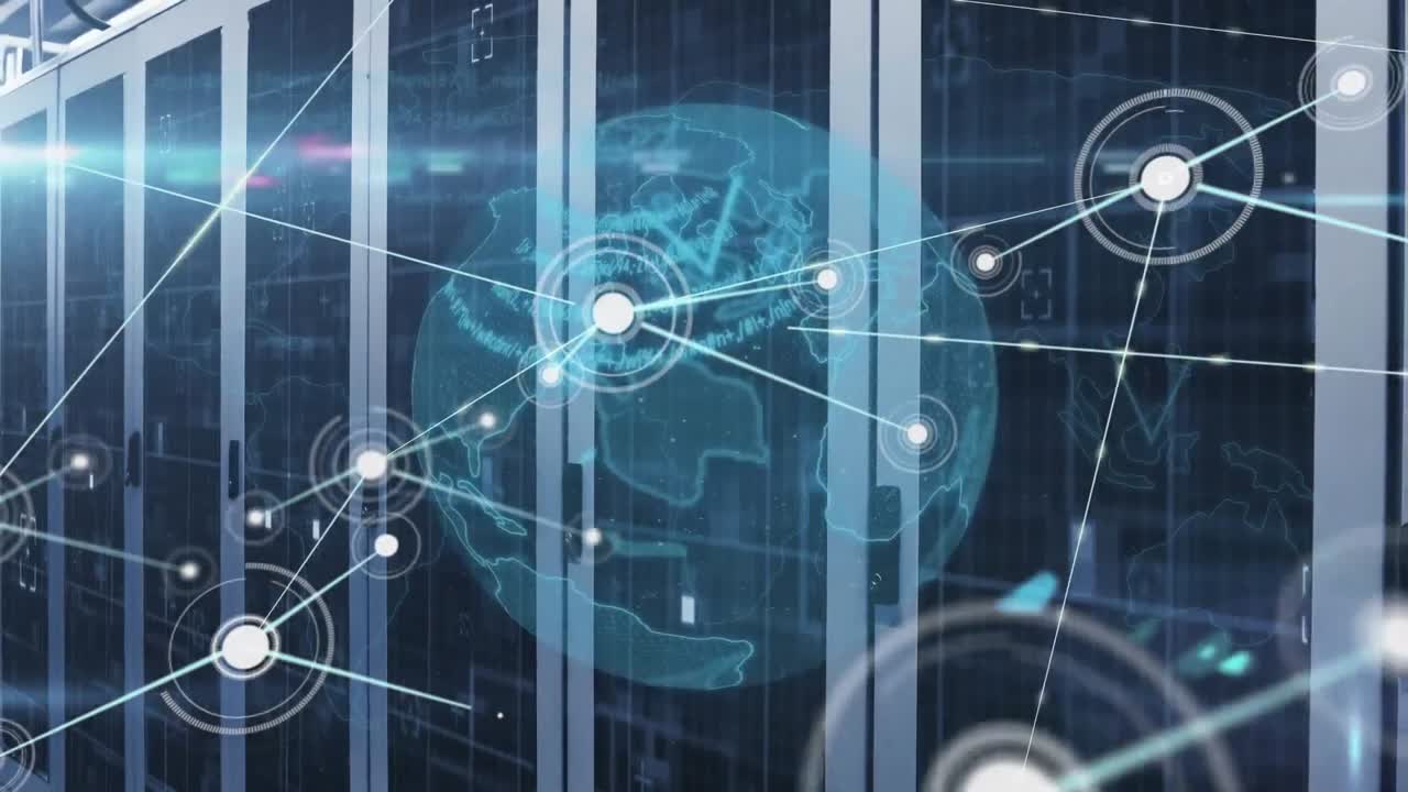 연결 네트워크의 애니메이션과 서버  ⁇ 에 대한 회전하는 지구상에서 데이터 처리