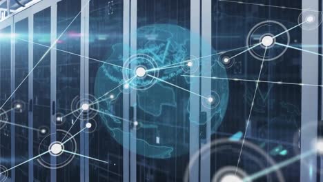 animation of network of connections and data processing over spinning globe against server room