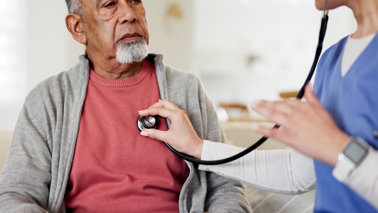Woman, nurse and hands checking heart beat