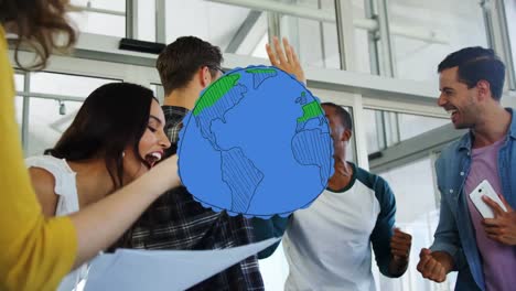 Animation-of-globe-over-smiling-business-colleagues-high-fiving