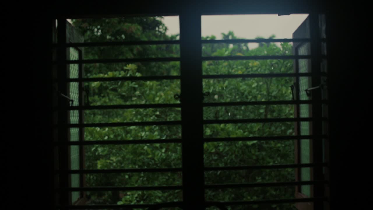 Beautiful rainy afternoon seen from window. Static