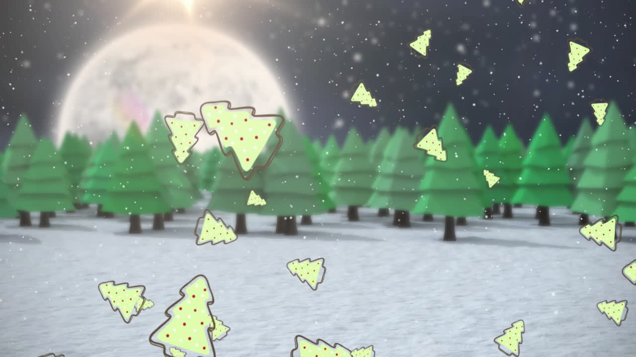 Animation of christmas trees over winter landscape