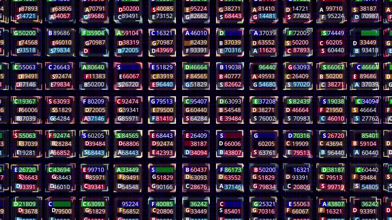 Abstract animation of colorful digital folders with flickering digits of business, finance, technology or marketing on display screen. Animation. Big data on LED panel
