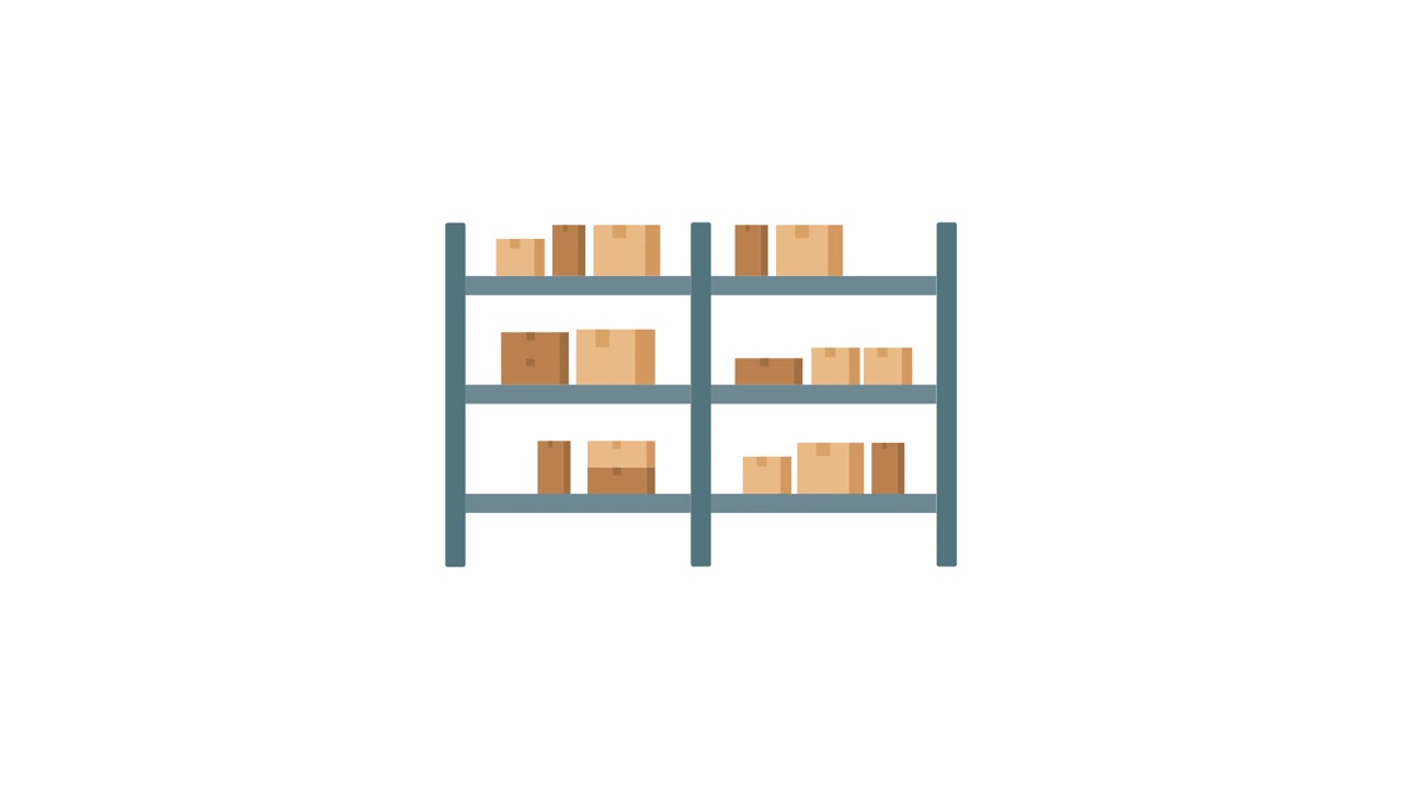 Scaffale di stoccaggio animato che si riempie di scatole di cartone