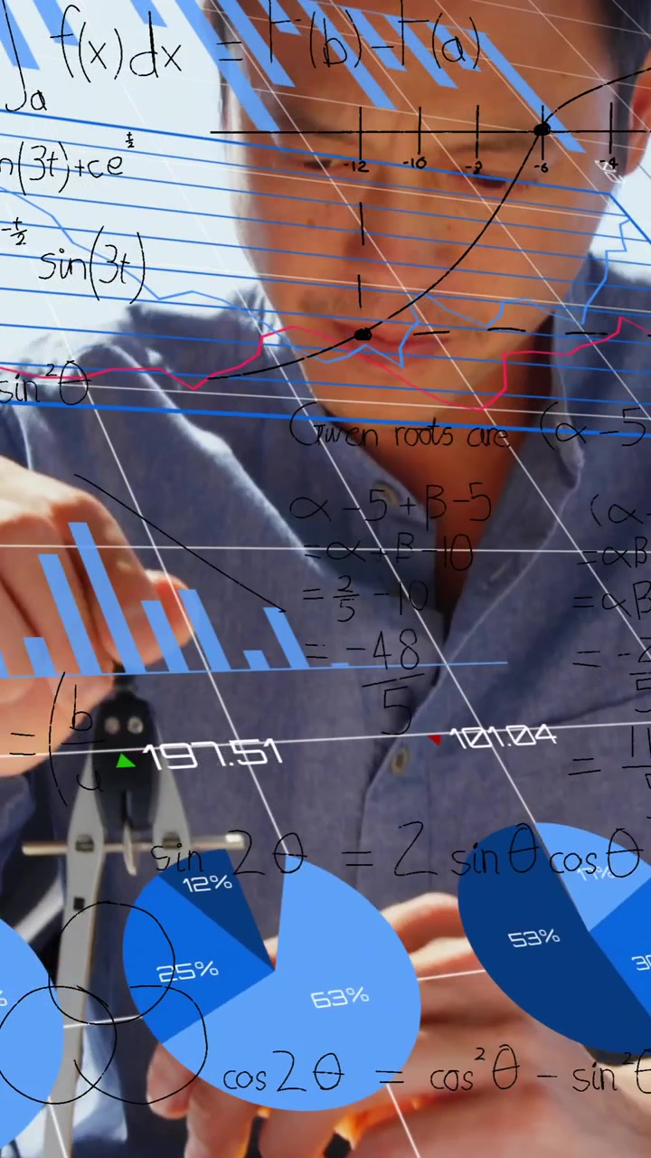 Animation of mathematical equations and financial data processing over asian male architect