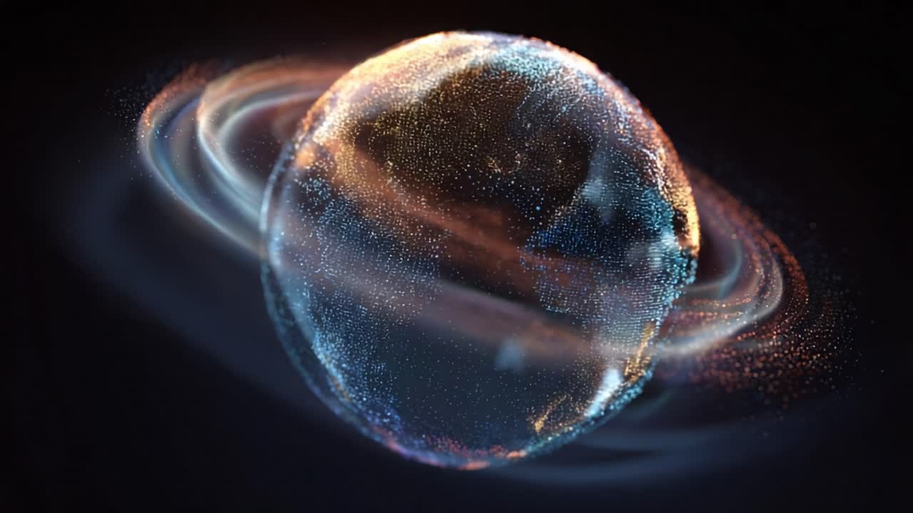 Digital representation of a futuristic planet made of luminous particles, with glowing rings orbiting around it, slowly rotating on its axis against a dark background in deep space