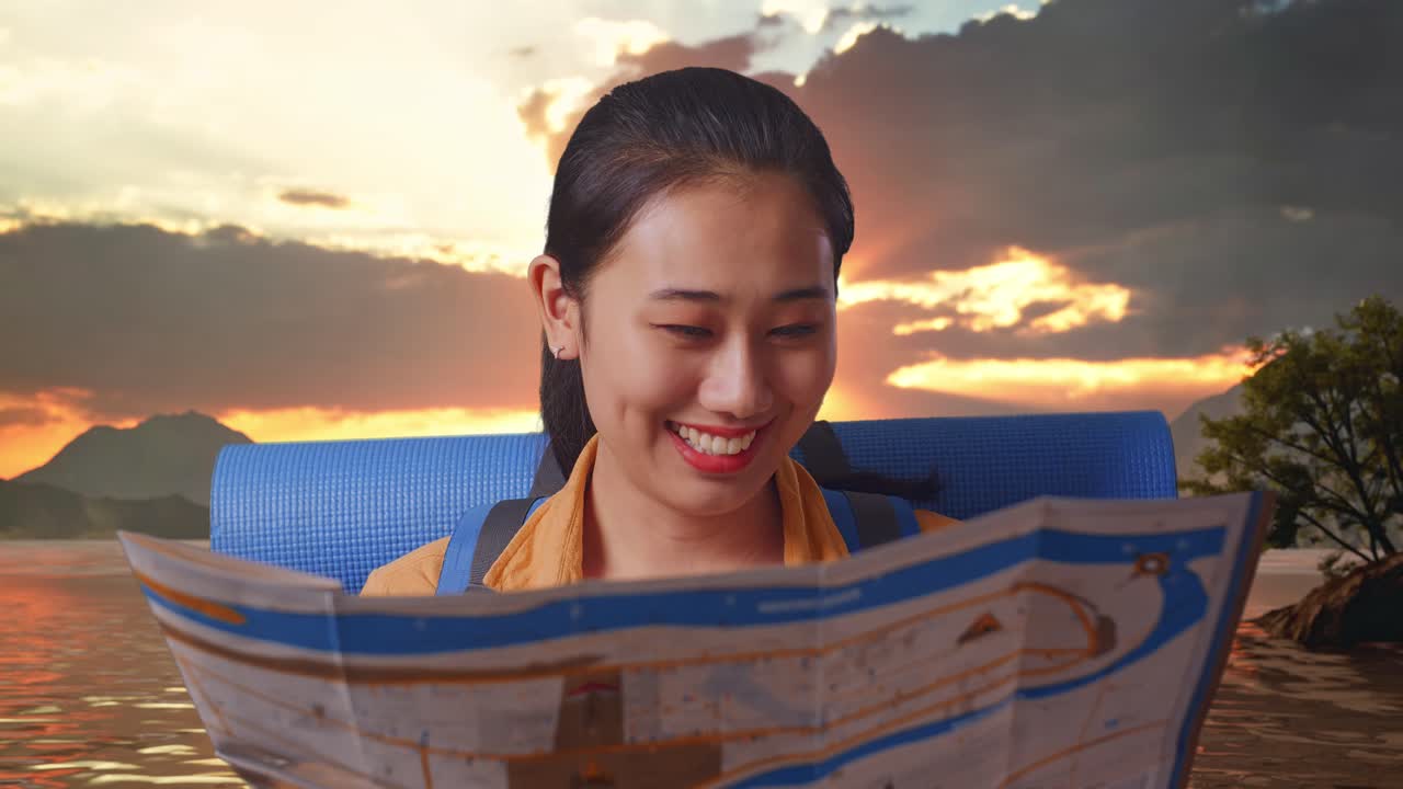 Woman reading a map at sunset