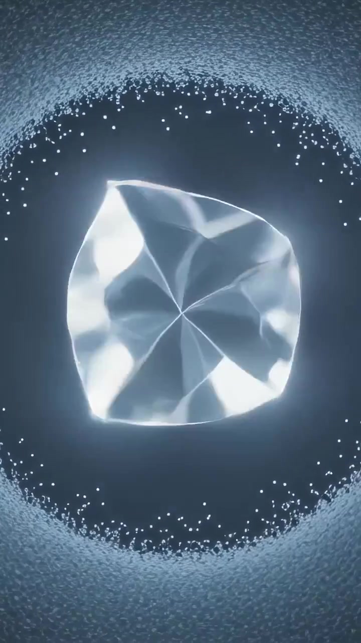 Vertical video: Rotating center gem on play, catching rimlight in studio, studying particle halo