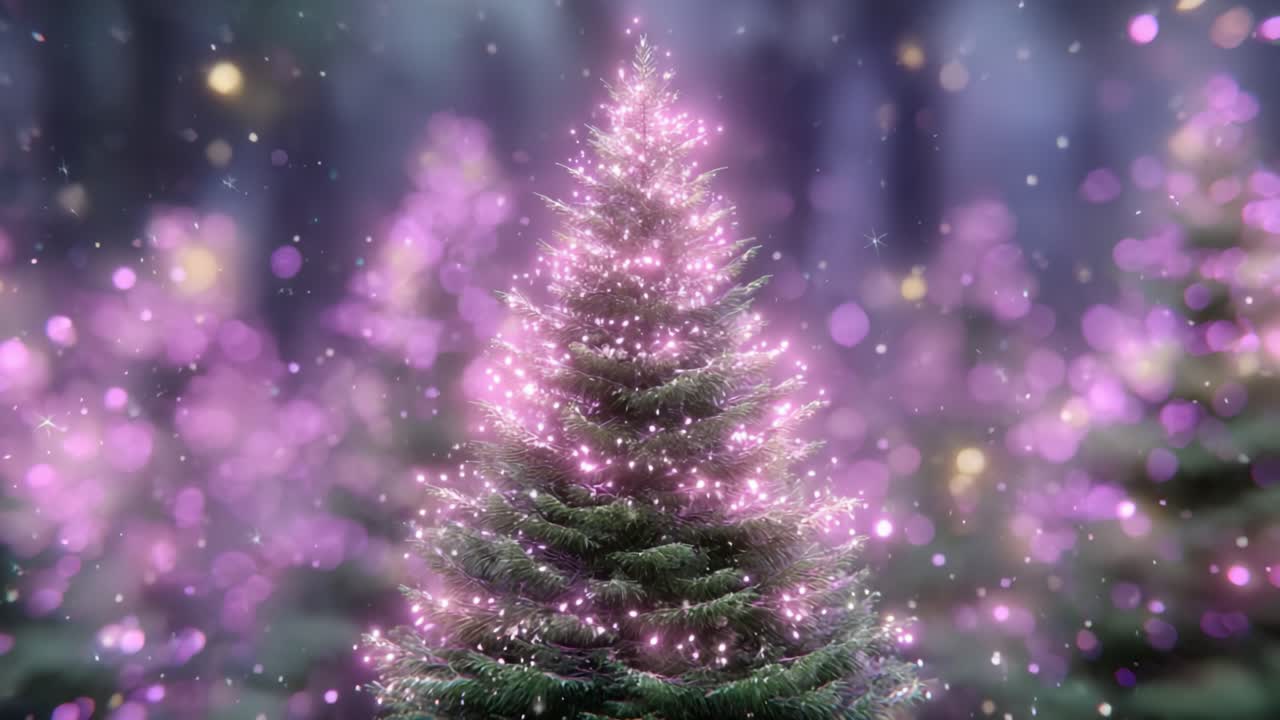 A Majestic Christmas Scene Featuring a Lush Green Tree Illuminated with Sparkling Pink Lights and Surrounding Enchanting Bokeh Effects in a Winter Wonderland Atmosphere