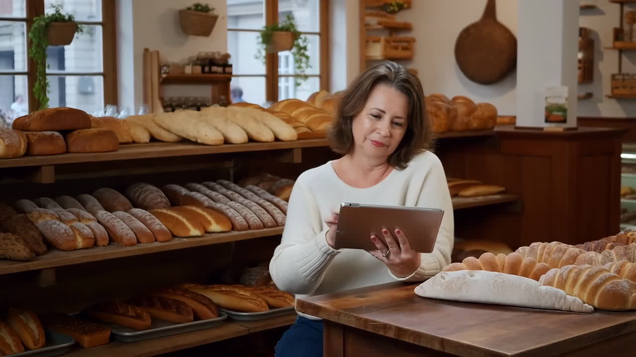 Woman managing her bakery business with a tablet