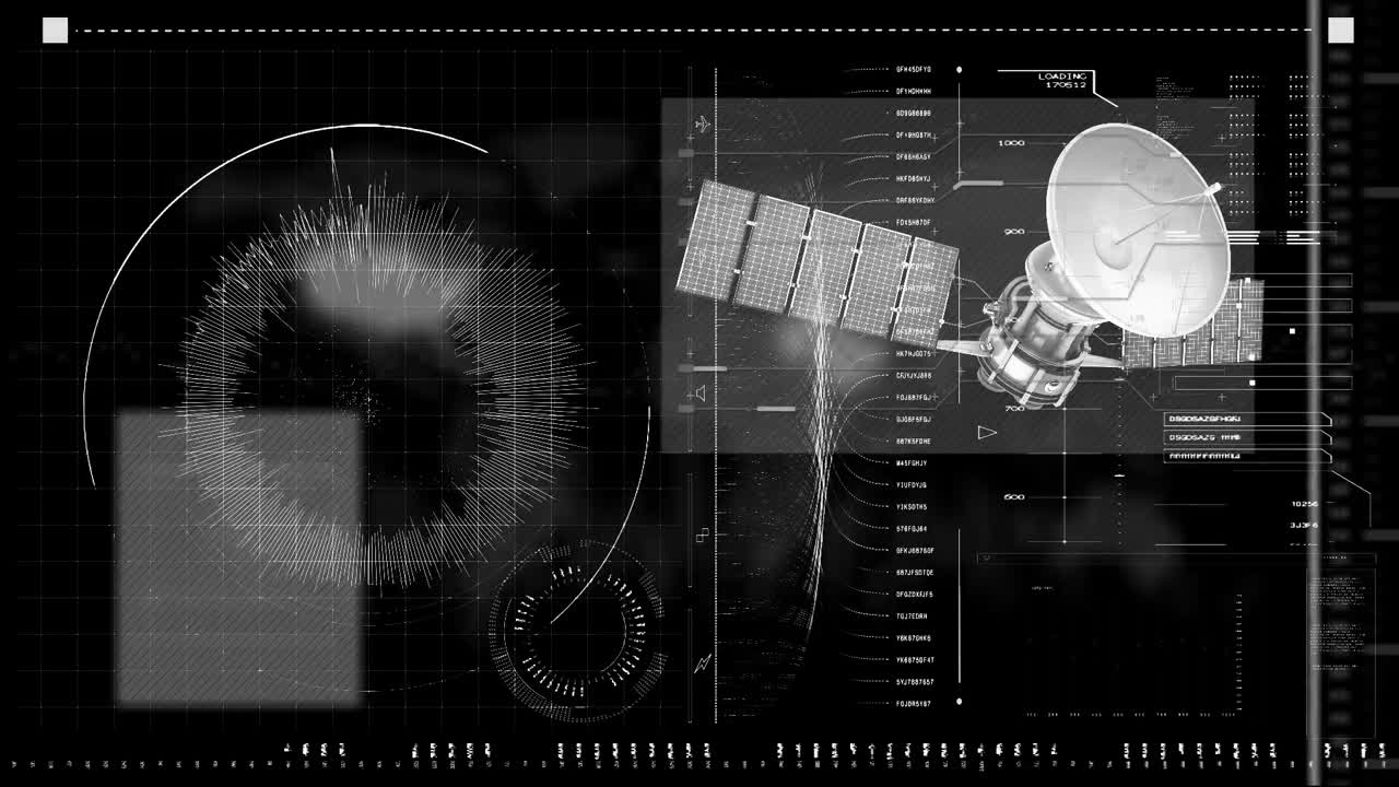디지털 아이콘의 애니메이션과 그리드와 위성을 통한 데이터 처리