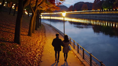 couple walking along a river path in autumn at night