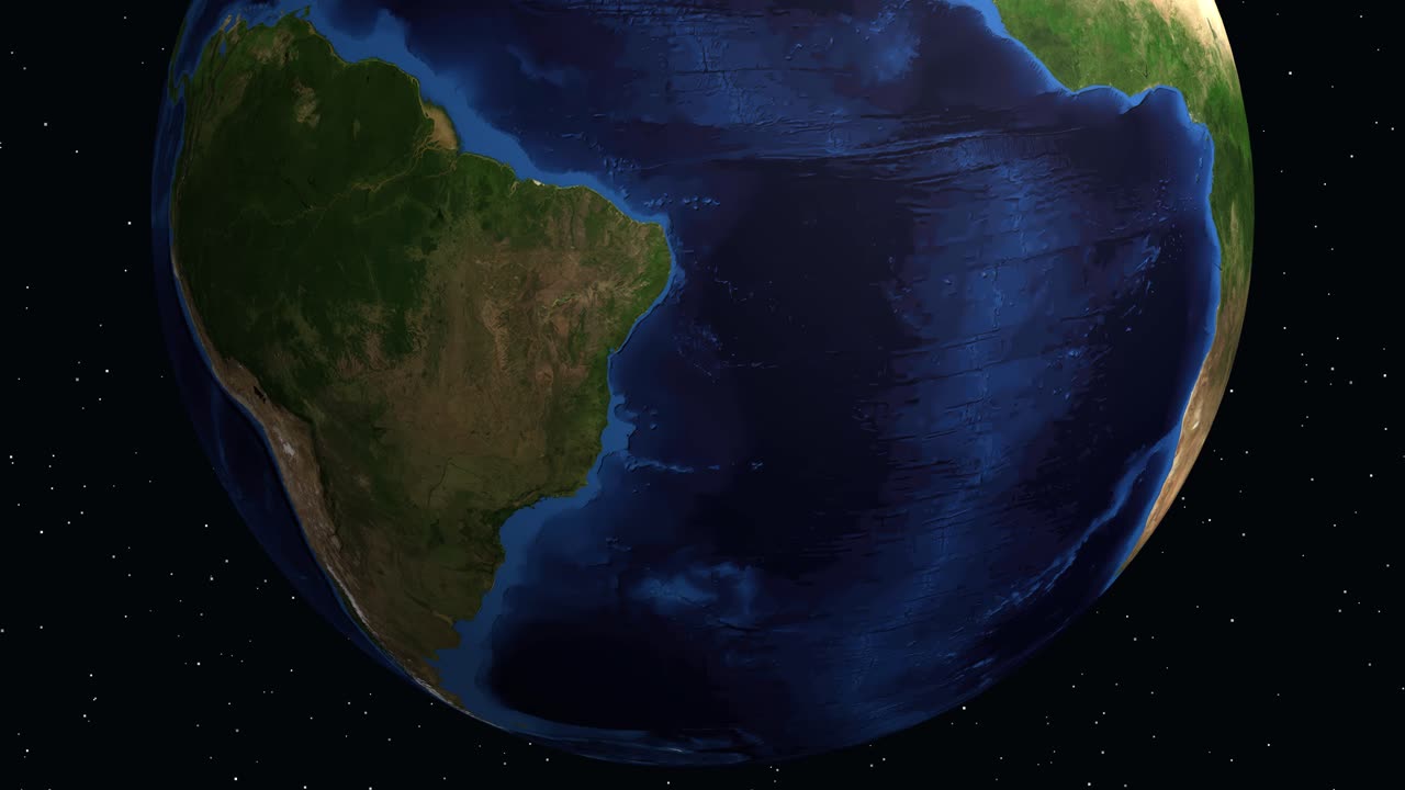 Digital globe rotates and zooms into South America, pinpointing Campo Grande with informative data