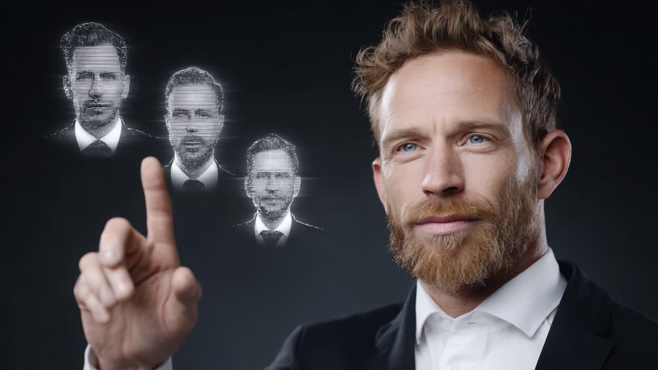 A charismatic man with a beard interacts with futuristic holographic images of himself, symbolizing technology's impact on self-perception and identity