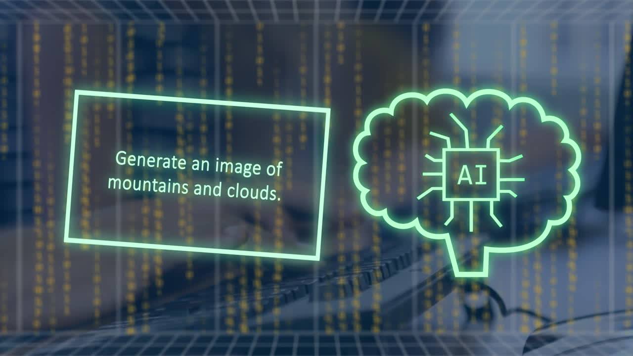 animación de texto y datos de inteligencia artificial sobre mujer caucásica usando computadora