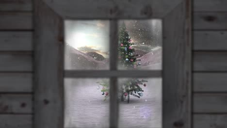 Animation-Von-Schnee,-Der-über-Den-Weihnachtsbaum-Fällt,-Und-Winterlandschaft,-Die-Durch-Das-Fenster-Gesehen-Wird