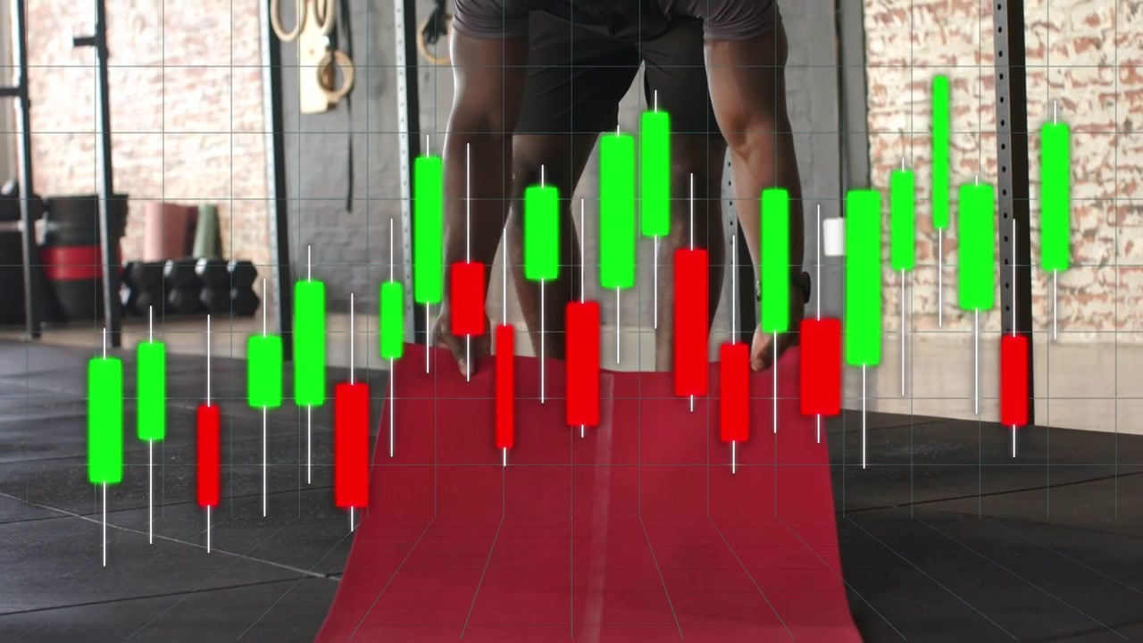 Man placing red mat, unrolling and smoothing mat with candlestick chart overlaying for workout