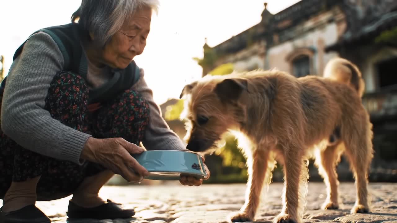 A Heartwarming Moment Between an Elderly Woman and Her Beloved Dog, Captured in a Serene Outdoor Setting During Golden Hour Light