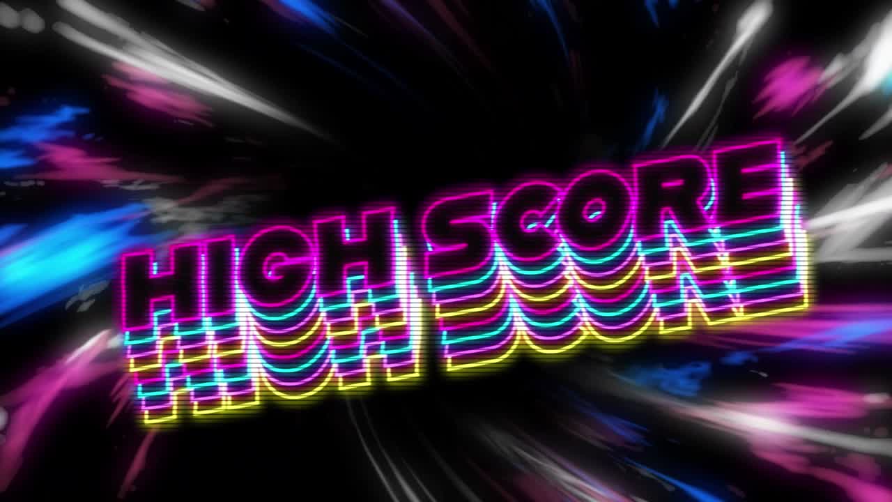 Animazione di un testo "high score" illuminato con motivi astratti colorati in movimento su sfondo nero