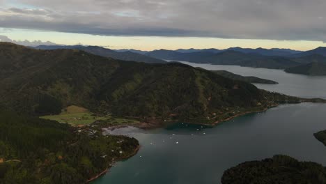 marlborough sounds and cook strait at sunrise, coastal settlement, lush green hills, and sailboats on calm water, new zealand. aerial drone