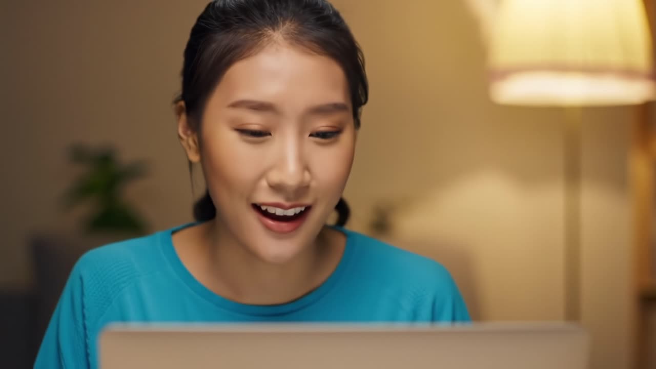 Engaging Moments: A Young Woman's Journey of Connection and Joy while Interacting with Her Laptop in a Cozy, Warm Environment