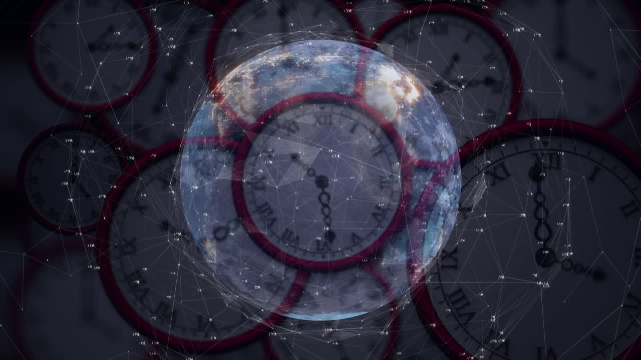 연결 네트워크의 애니메이션과 여러 시계에 걸쳐 지구가 빠르게 움직입니다.