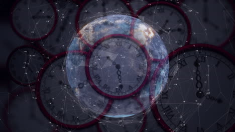 animación de redes de conexiones y globo sobre múltiples relojes moviéndose rápidamente