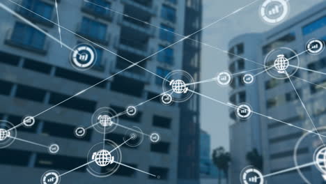 network of connections and data processing animation over urban buildings
