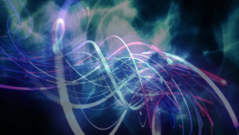 glowing effects with colorful abstract light trails intertwining over dark background