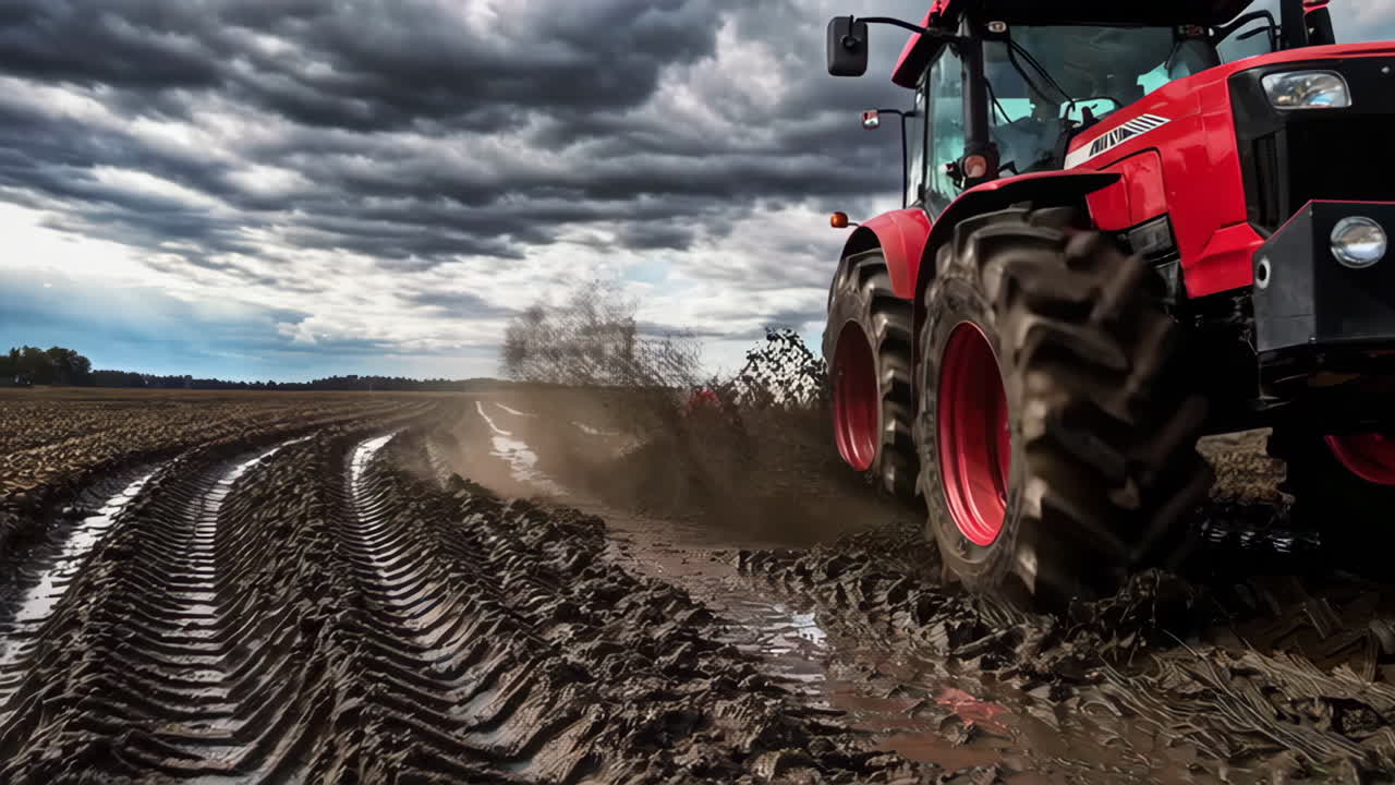 Red Tractor Plowing a Muddy Field Under a Cloudy Sky