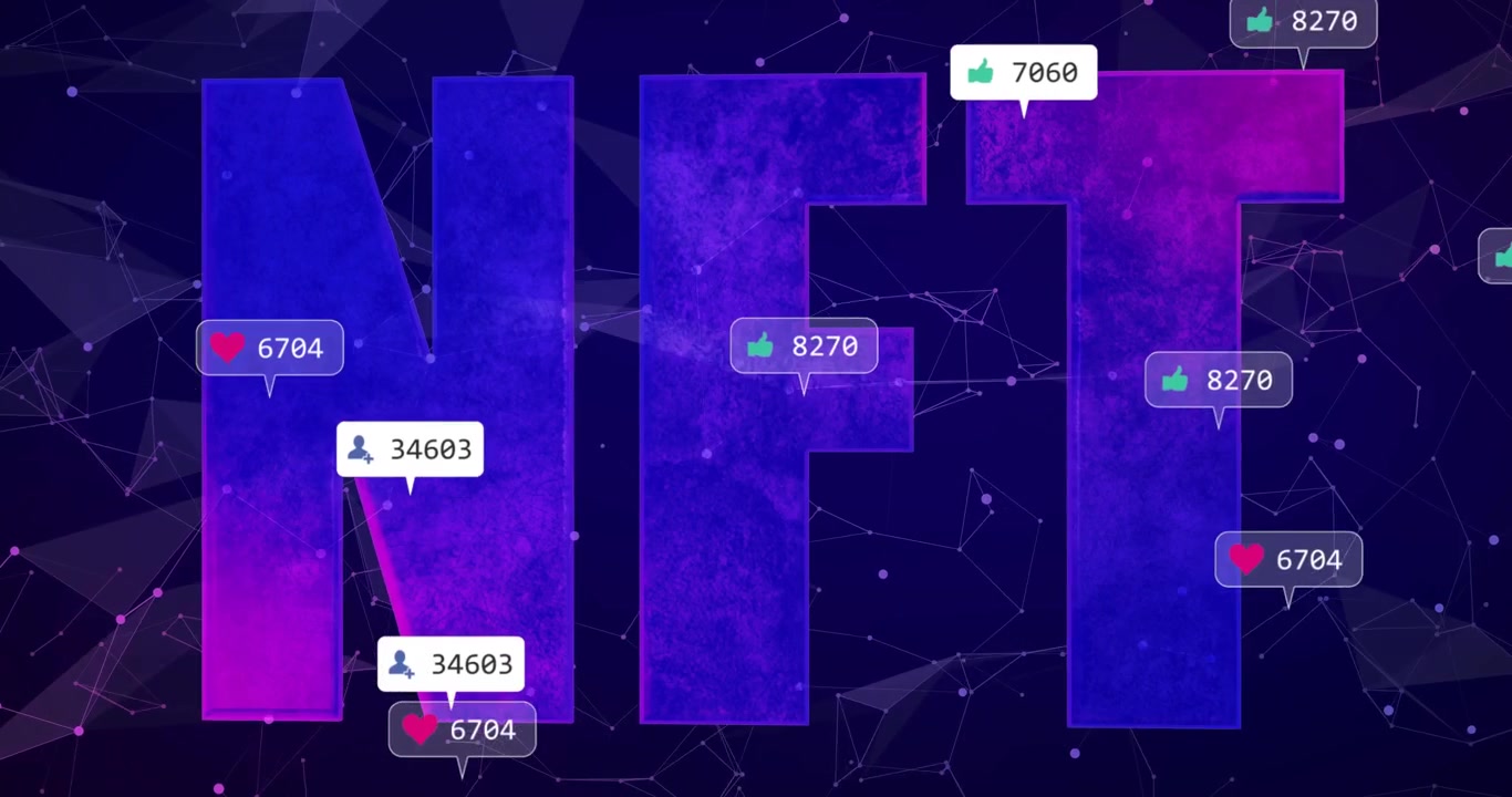 Vertical video: Scaling NFT letters drawing icons with counts on purple network, showing interest