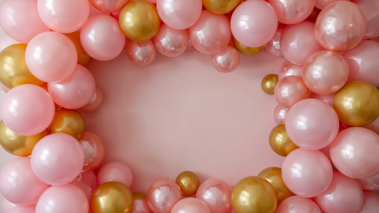 Allontanamento della camera per rivelare una cornice di palloncini rosa e dorati su una parete rosa, esponendo cornice e giuntura