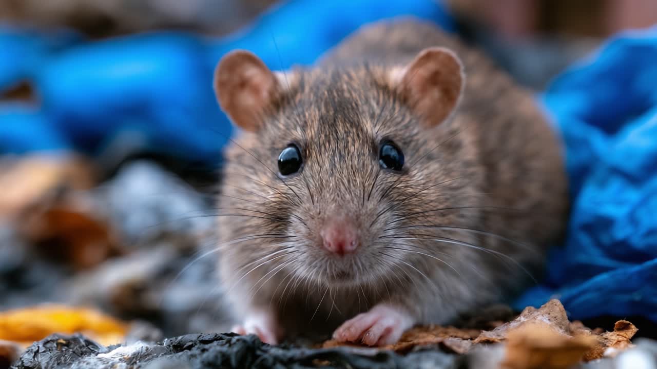 Close-Up of a Cute Brownish Gray Mouse Vibrantly Posed Amongst Colorful Fabric and Fallen Leaves, Captured in a Natural Outdoor Setting