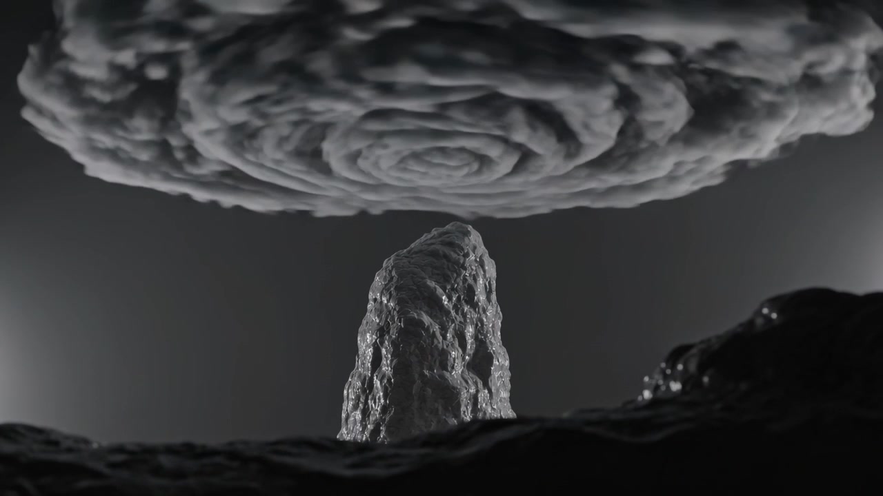 Shifting spiral cloud disk causing pillar highlights and right mound ripples at rocky coastal plain