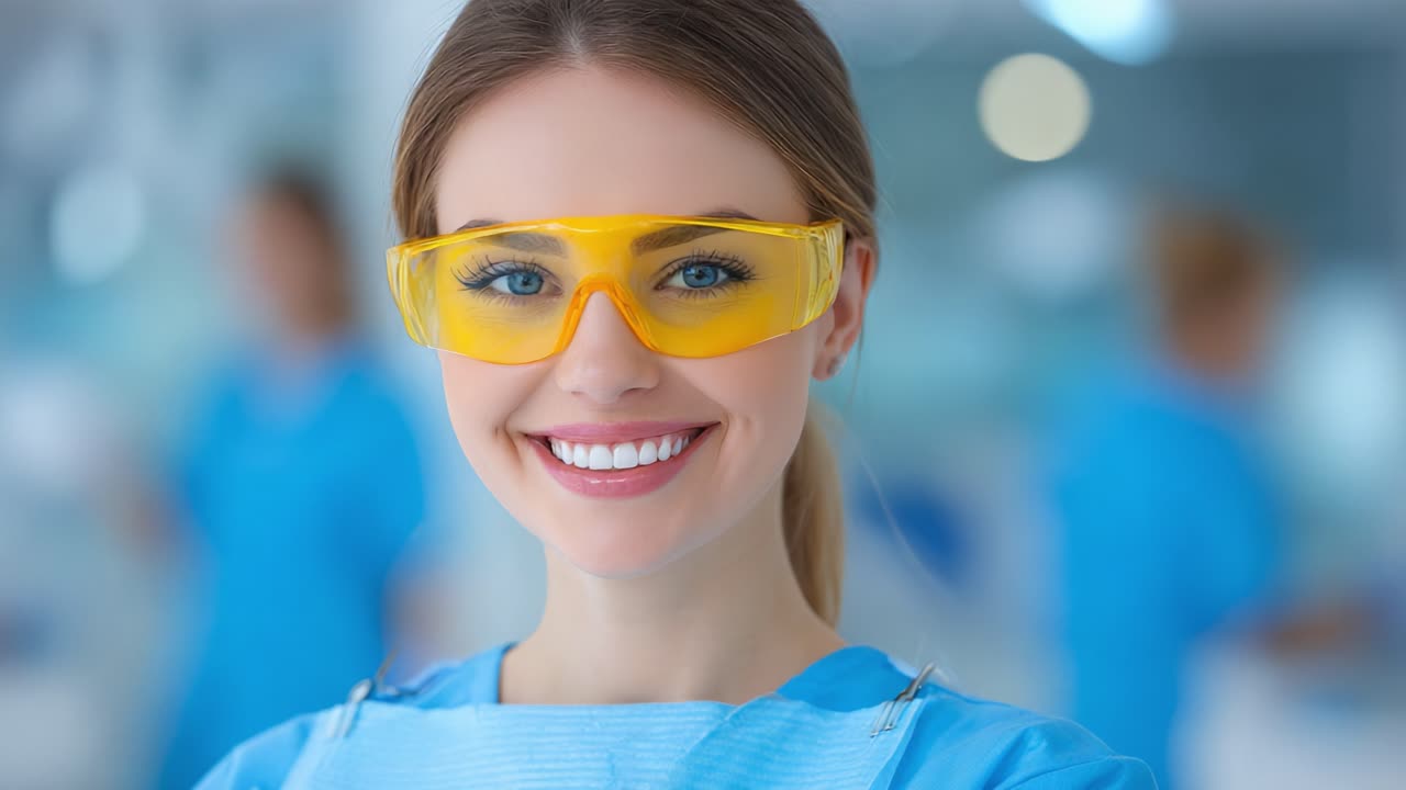 Ein strahlendes Lächeln: Eine junge Frau in Schutzbrille und Berufskleidung, die Selbstvertrauen und Professionalität in einem medizinischen Umfeld ausstrahlt.