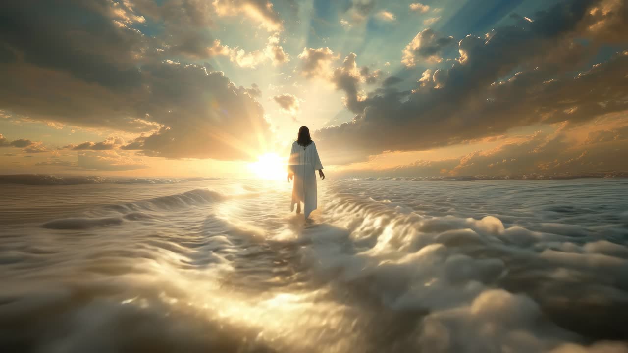 A mystical video scene with a low-angle view of a figure walking on water towards a radiant sunset