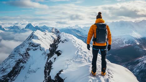 hiker on mountain summit in winter