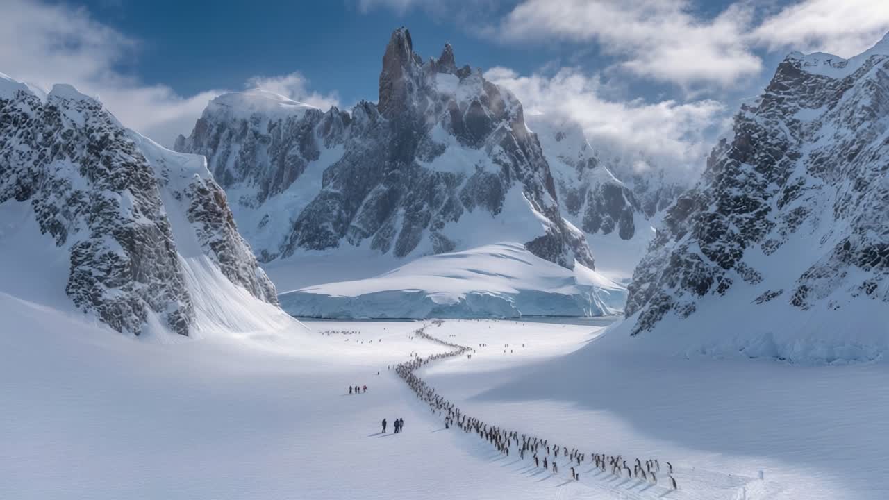 A Majestic Journey: Penguins Traverse the Snowy Landscape Under the Towering Mountains in a Stunning Winter Wonderland