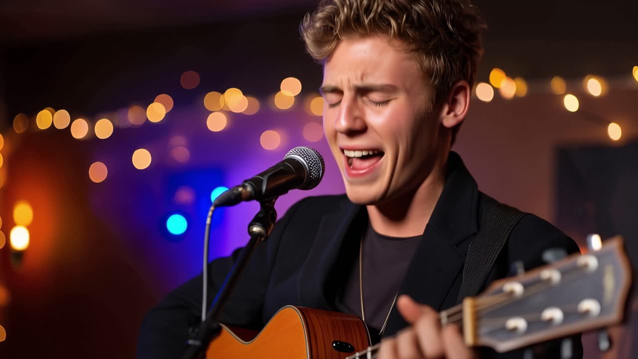 Young Man Singing and Playing Acoustic Guitar on Stage