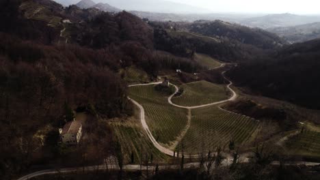 Aerial-landscape-panoramic-view-over-a-road-winding-through-vineyard-rows-in-the-italian-prosecco-hills,-on-a-winter-day