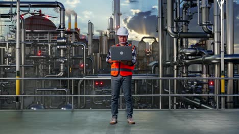 full body of asian male engineer with safety helmet working on a laptop while standing in a refinery, oil processing equipment and machinery