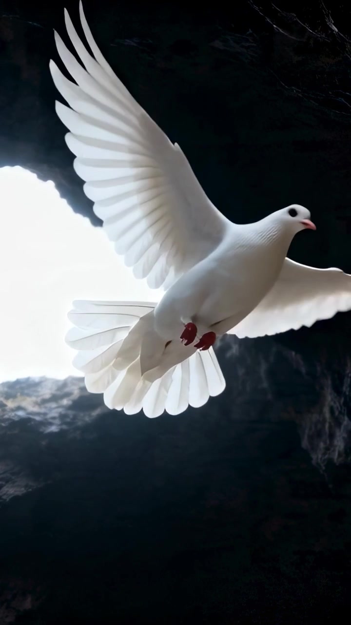 Video vertical: Paloma blanca apareciendo en una abertura, aleteando por un conducto hacia el cielo, mostrando una etiqueta roja.