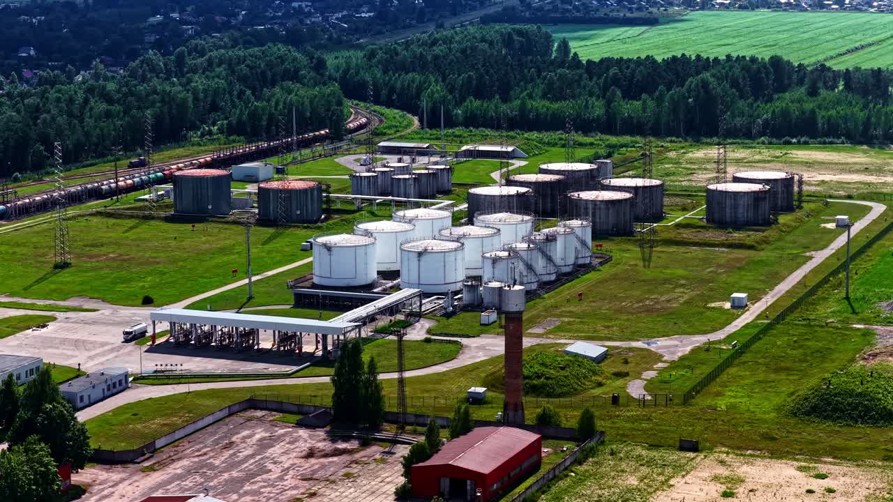Oil depot terminal storage rail transport petroleum industry facility aerial drone