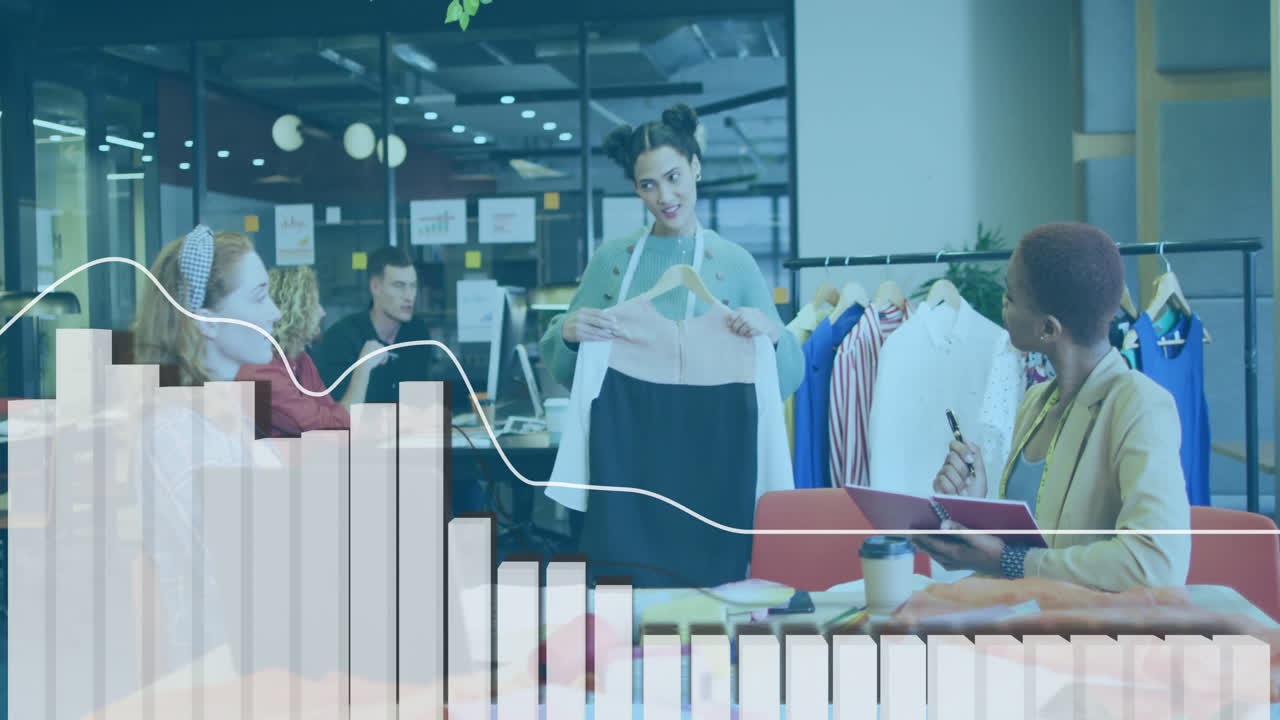 Fashion designer presenting outfit to colleagues with data graph animation overlay
