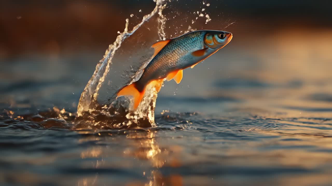 Pesce che salta fuori dall'acqua con spruzzi durante il tramonto