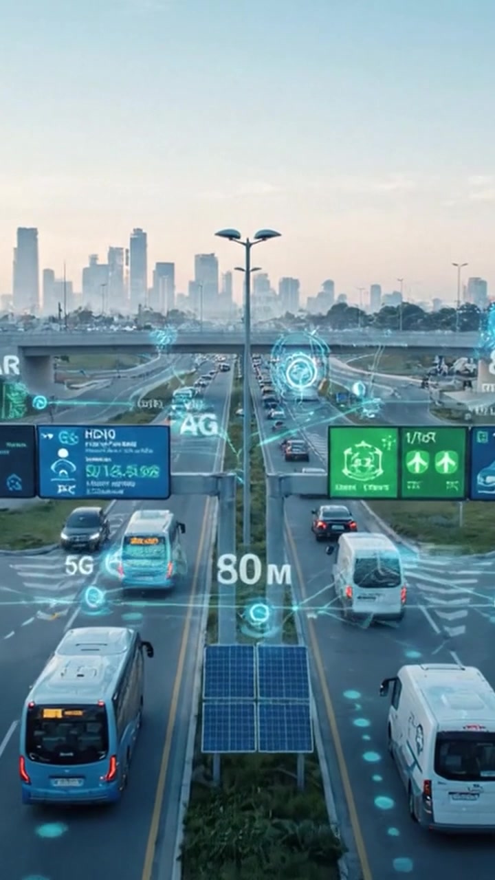 Una scena di traffico urbano dinamica che mostra moderni sistemi di trasporto con segnaletica stradale intelligente, veicoli e lo skyline della città sullo sfondo durante le ore del crepuscolo.
