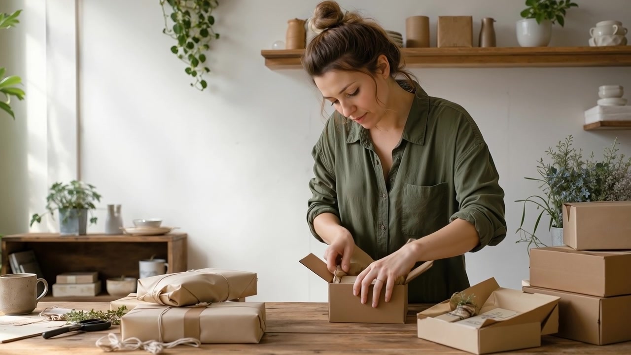 Jovem mulher embalando cuidadosamente uma pequena caixa de papelão com itens de artesanato em uma mesa de madeira.